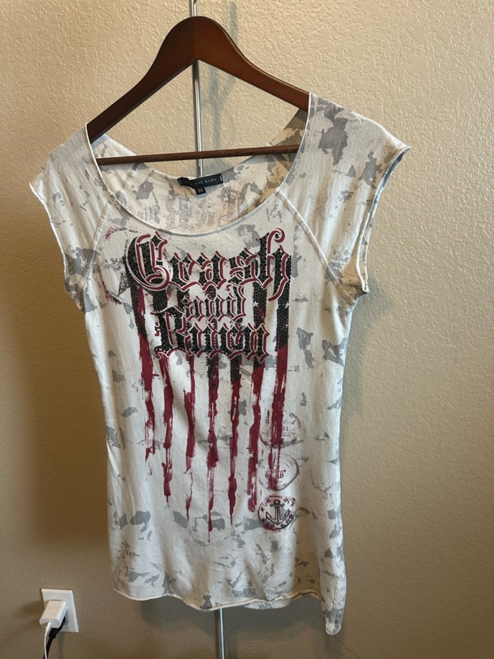 Crash & Burn White Tee with Red & Gray Graphic